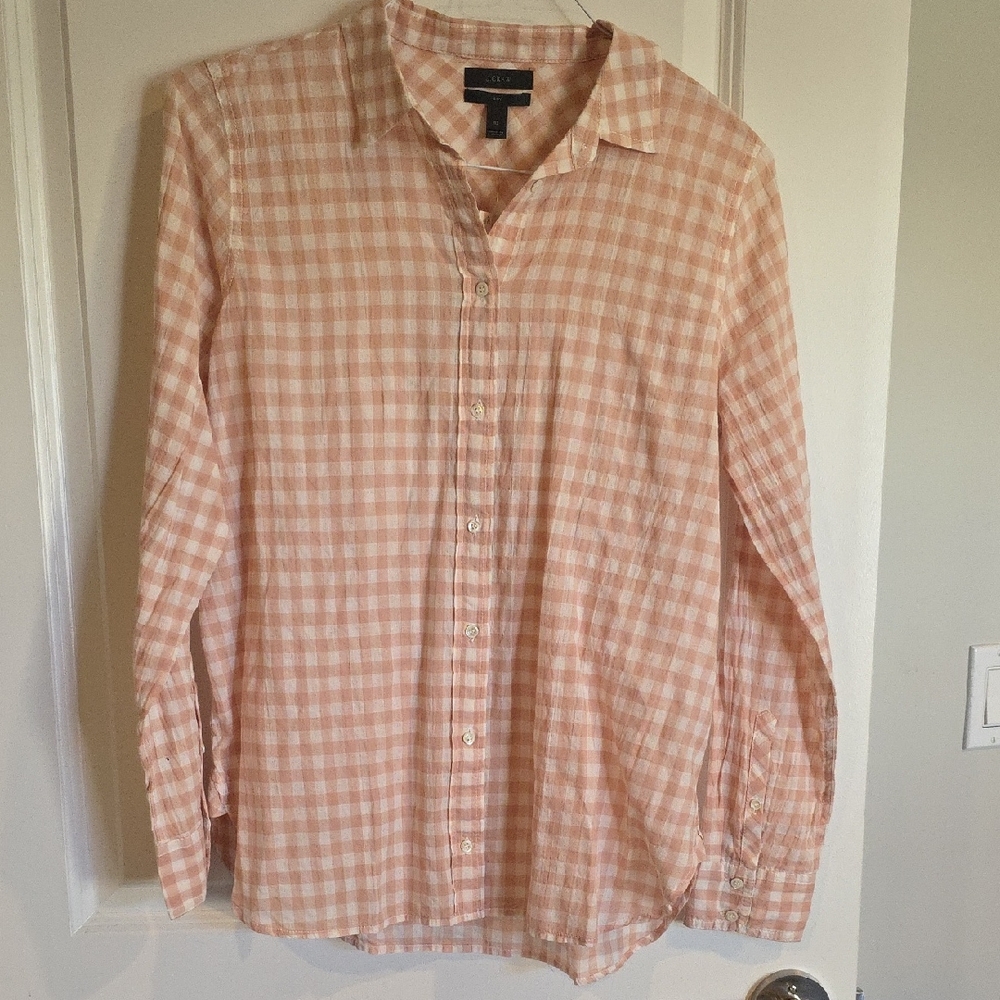 J. Crew Women's Pink Checkered Button Down Shirt Gingham 10 NWT Tan Peach